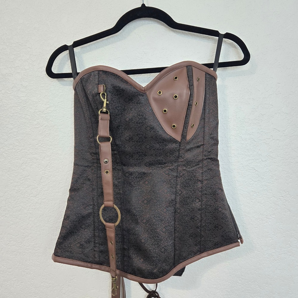 Charmian L Brown Steampunk Corset Top Faux Leather Accents Renaissance Cosplay - Picture 2 of 8